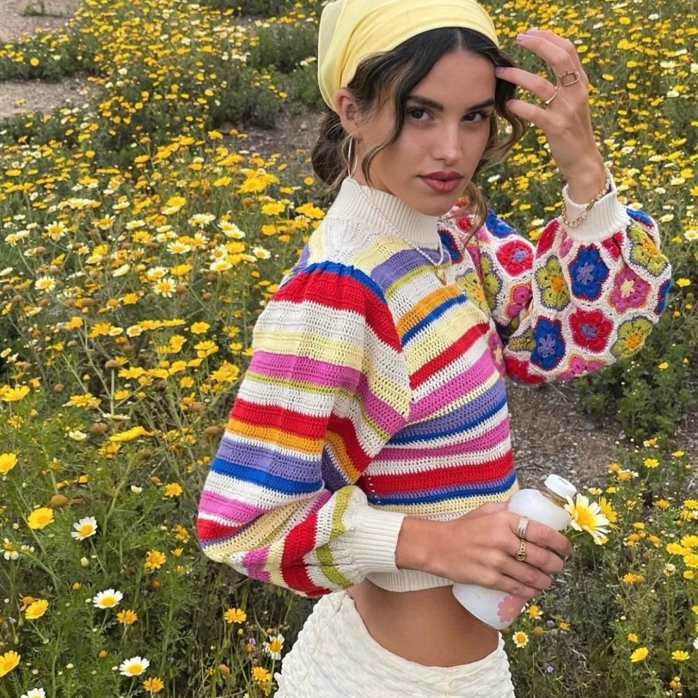 FARM Rio Rainbow Handmade Crochet Sweater Multicolor Mock Neck Women's Large NWT - Picture 3 of 16